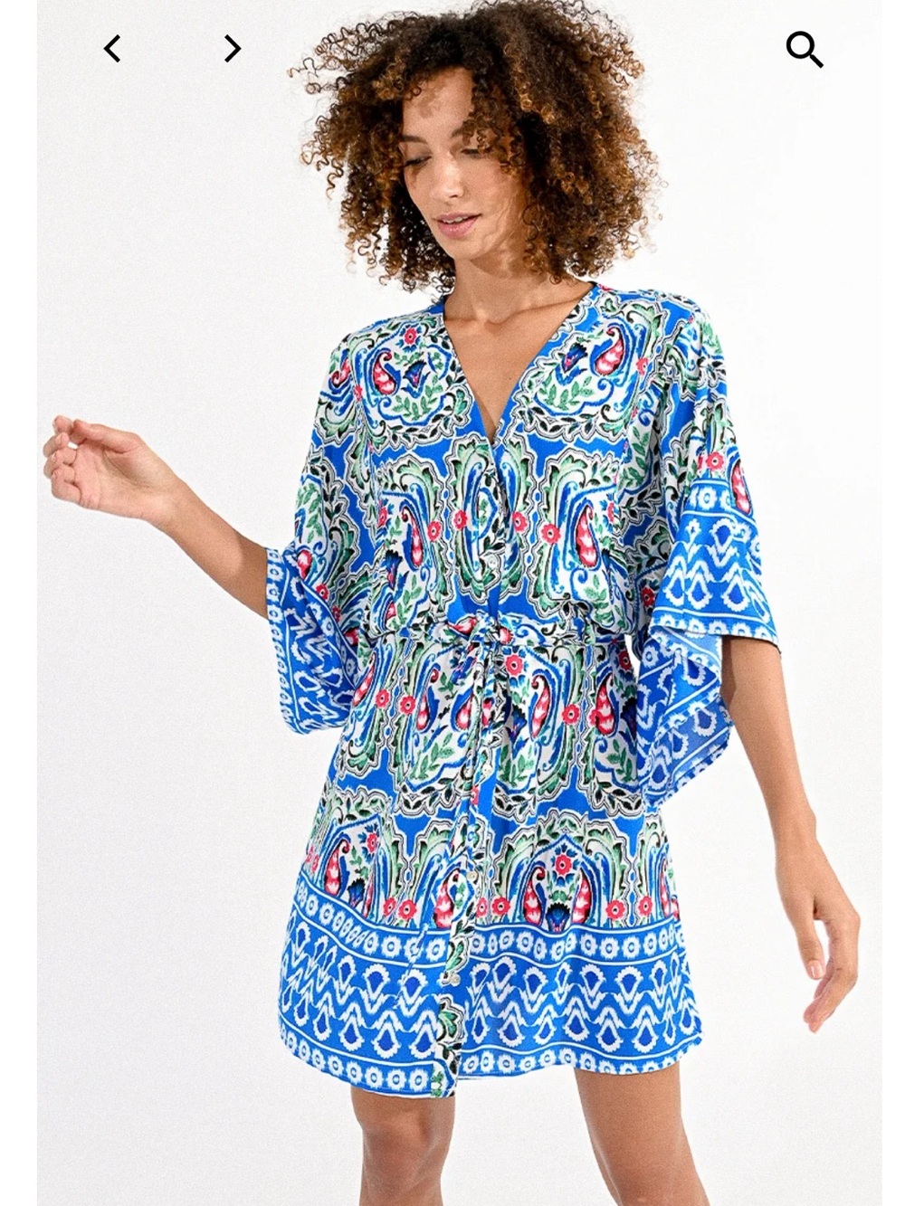 Molly Bracken Kimono Dress Blue Mini Athena Print Boho V-Neck S Amalfi Coast